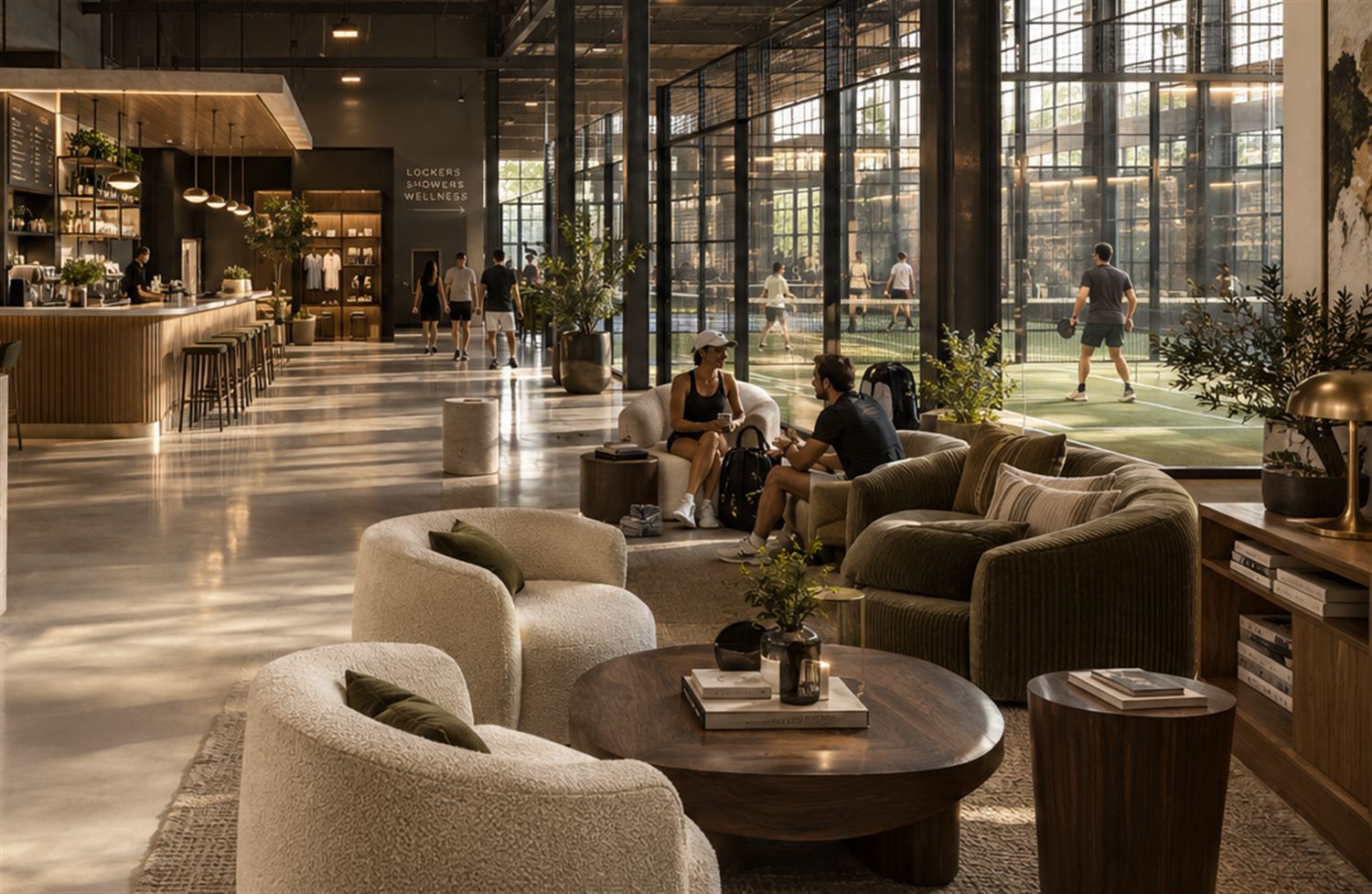 Caf&eacute;, lounge and courts at Glasshouse Padel