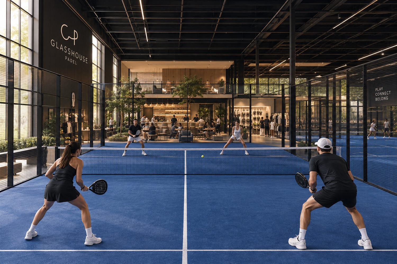 Players on court at Glasshouse Padel