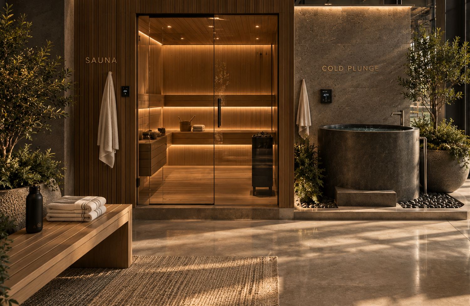 Sauna and cold plunge wellness area at Glasshouse Padel